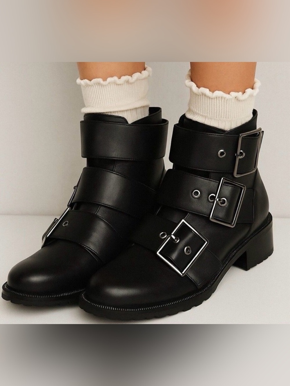 Blondo Black Camila Waterproof leather Moto Biker boots Silver Buckles 6